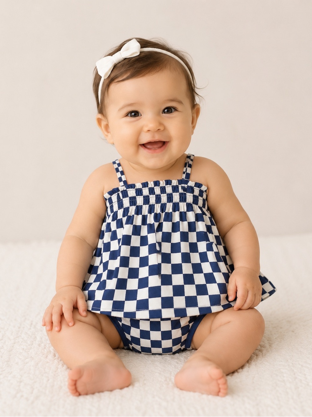 NWT Hanna Andersson Baby Girl Checkered Smocked Knit Dress Navy & White 3-6M